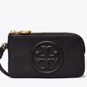 Tory Burch Black Leather & Gold Hardware Perry Bombe Top Zip Cards Wallet